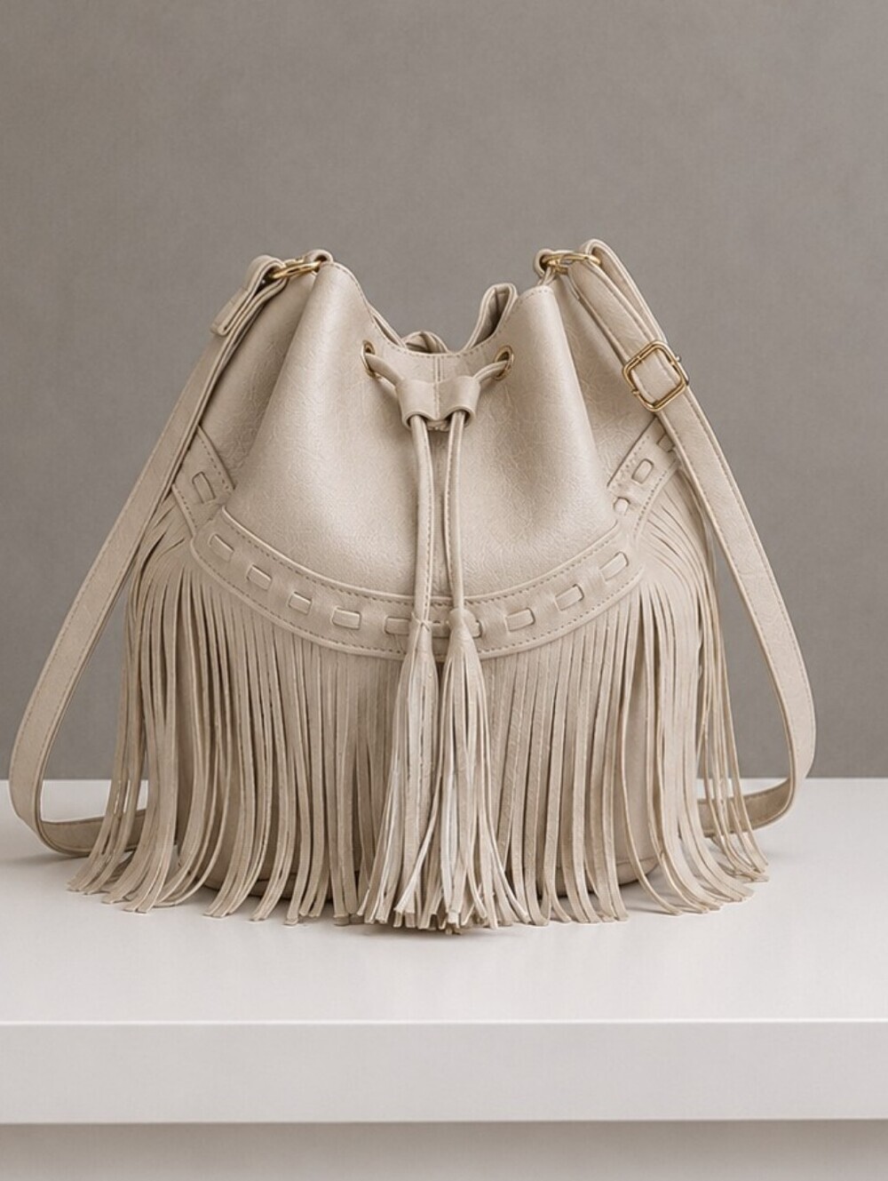 Boho Fringe Bucket Bag Cream Faux Leather Drawstring Crossbody Tassel Shoulder